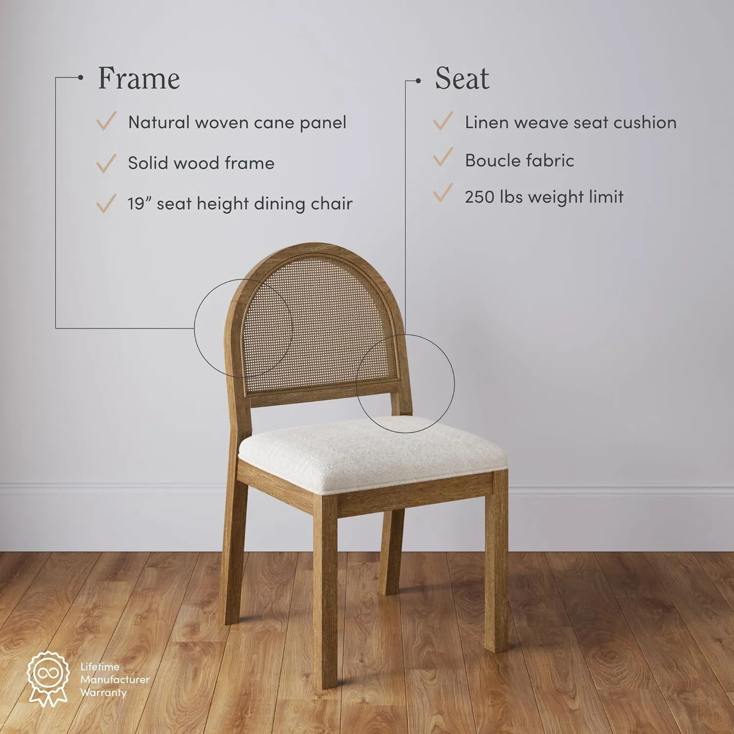 Nathan James Bailey 19 in. Boucle Dining Chair, Upholstered Side Chair with Natural Woven Rattan Back and Solid Wood Legs, Light Brown