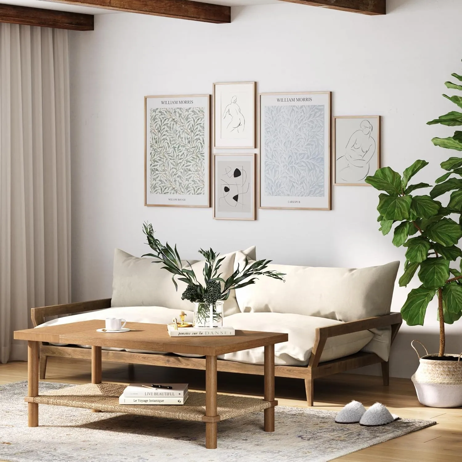 Nathan James Beacon Bohemian Coffee Table with Storage, 2-Tier Rectangle Coffee Table with Solid Wood Legs and Seagrass Shelf, Light Brown