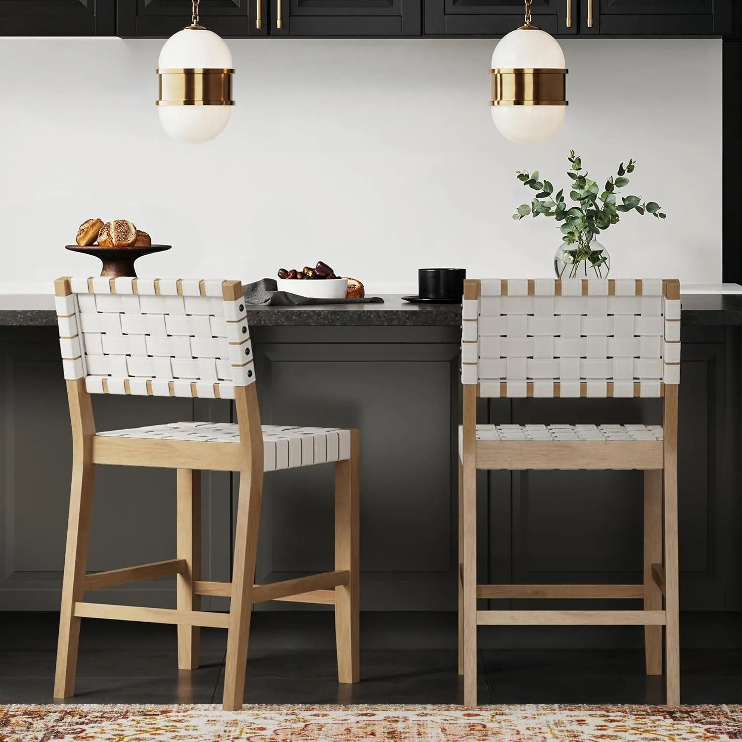 Nathan James Cohen Mid Century Modern Bar Stool, Upholstered Faux Leather Counter Stool with Back and Solid Wood Legs, Off White, Set of 2