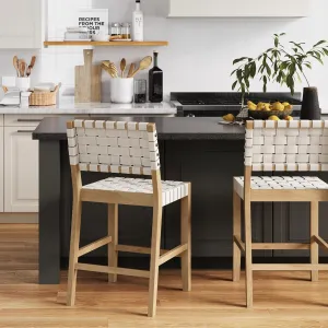 Nathan James Cohen Mid Century Modern Bar Stool, Upholstered Faux Leather Counter Stool with Back and Solid Wood Legs, Off White, Set of 2