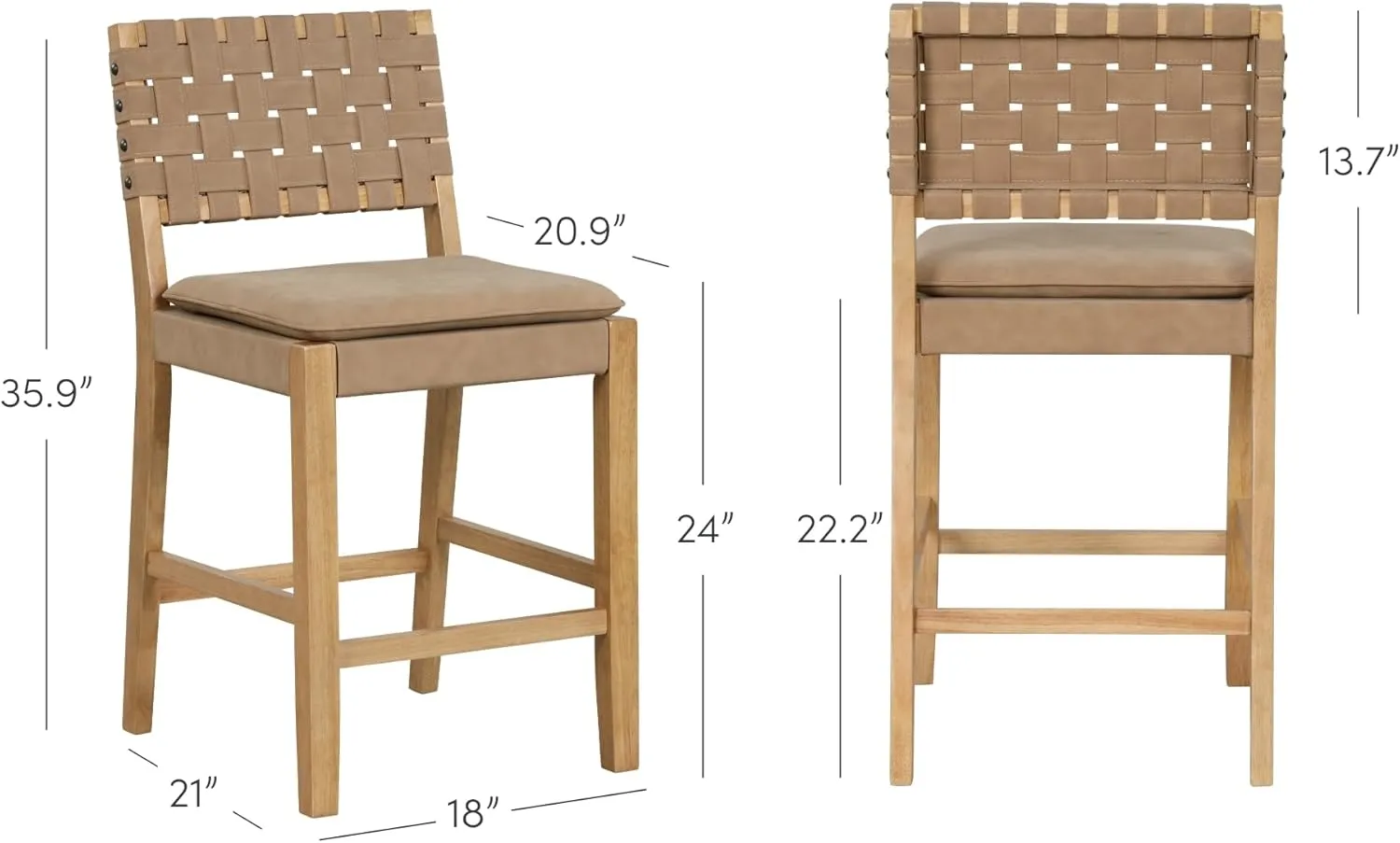 Nathan James Cohen Mid-Century Modern Leather Bar Stool, Counter Height Chair in Solid Wood Frame with Footrest and Woven Leather Back for Kitchen, Natural Brown, 1 count, Barstool - 24"