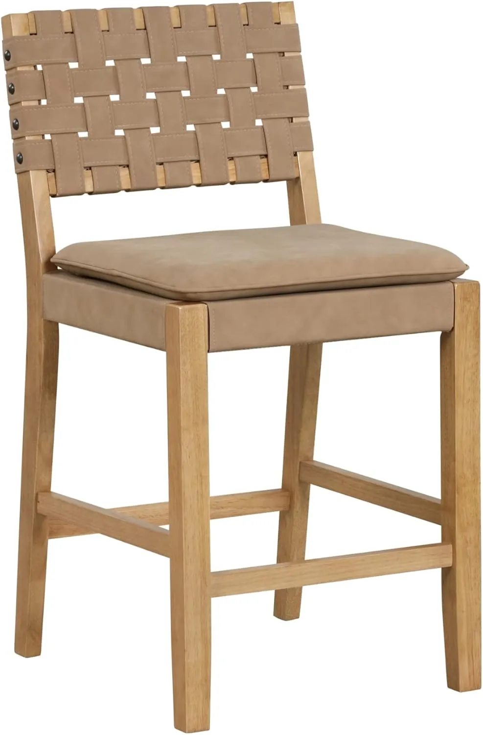 Nathan James Cohen Mid-Century Modern Leather Bar Stool, Counter Height Chair in Solid Wood Frame with Footrest and Woven Leather Back for Kitchen, Natural Brown, 1 count, Barstool - 24"