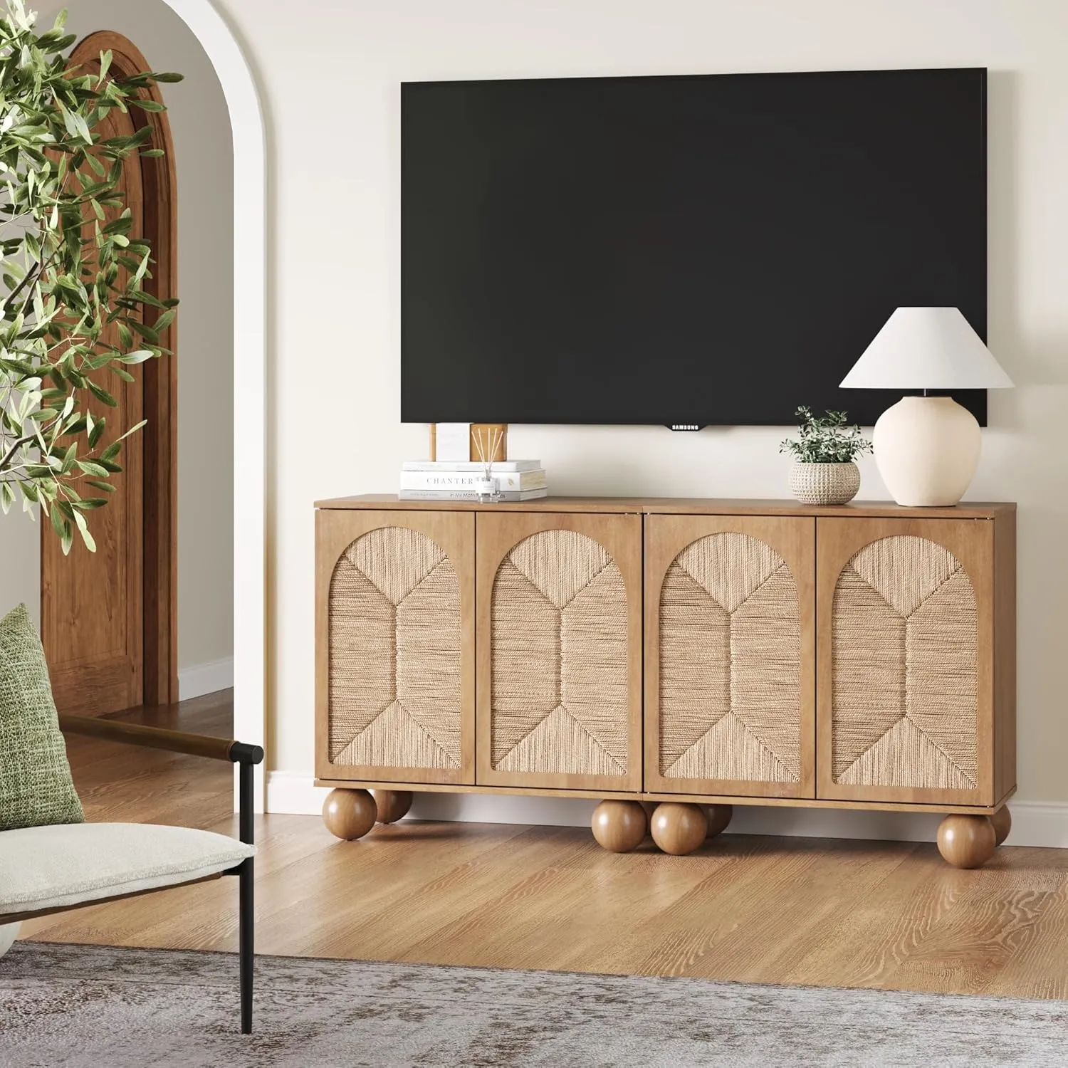 Nathan James Leah Boho TV Stand or Sideboard Cabinet for Kitchen or Living Room with Ball-Style Feet, Natural Seagrass Door Fronts and Solid Wood Legs, Light Brown, Set of 2