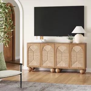 Nathan James Leah Boho TV Stand or Sideboard Cabinet for Kitchen or Living Room with Ball-Style Feet, Natural Seagrass Door Fronts and Solid Wood Legs, Light Brown, Set of 2