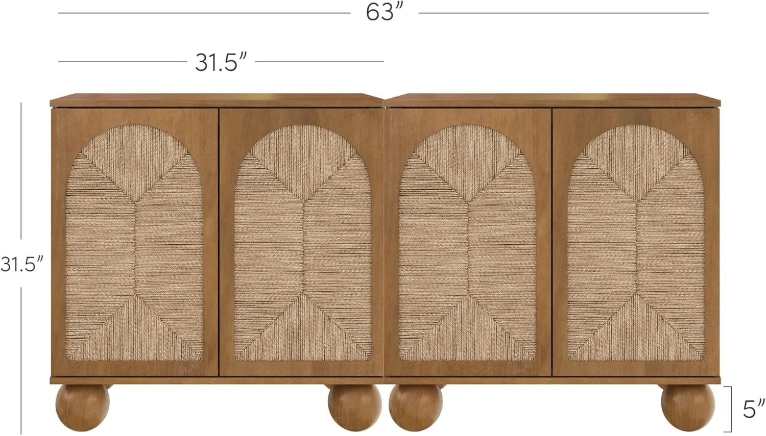 Nathan James Leah Boho TV Stand or Sideboard Cabinet for Kitchen or Living Room with Ball-Style Feet, Natural Seagrass Door Fronts and Solid Wood Legs, Light Brown, Set of 2