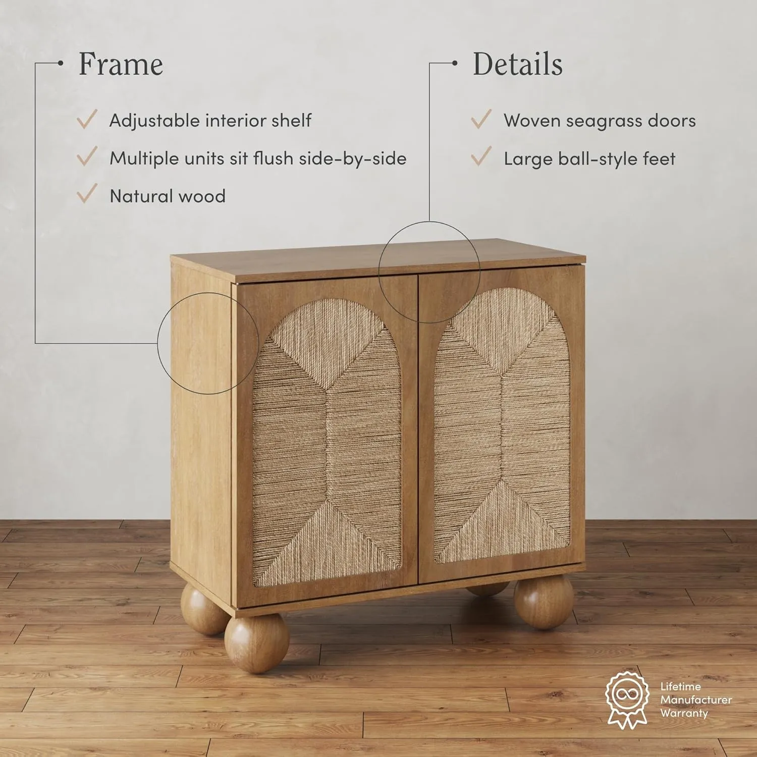 Nathan James Leah Boho TV Stand or Sideboard Cabinet for Kitchen or Living Room with Ball-Style Feet, Natural Seagrass Door Fronts and Solid Wood Legs, Light Brown, Set of 2