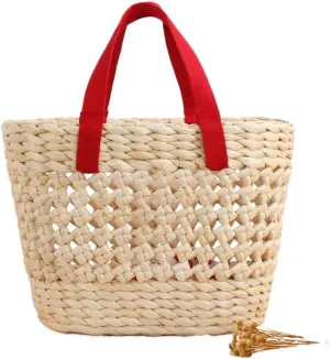 Natural corn husk handmade woven bag solid colour openwork handheld vegetable basket bag(E)