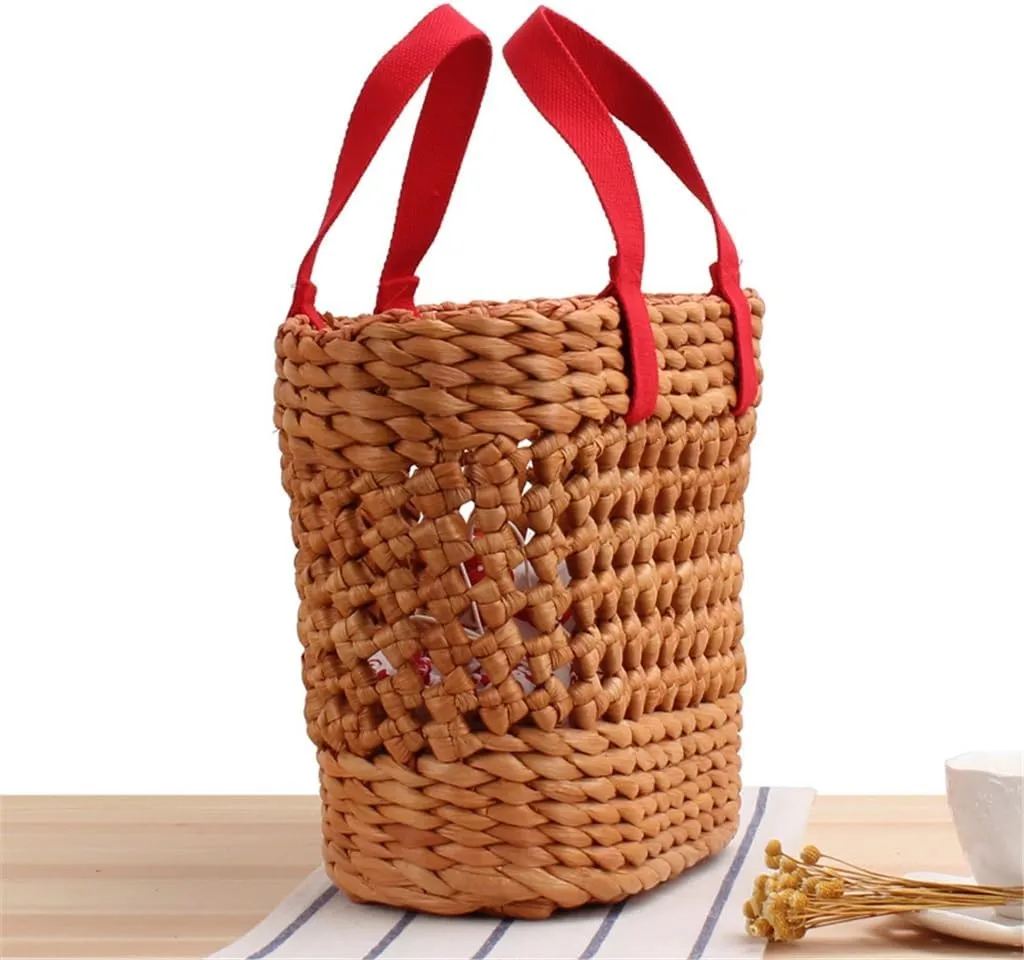 Natural corn husk handmade woven bag solid colour openwork handheld vegetable basket bag(E)
