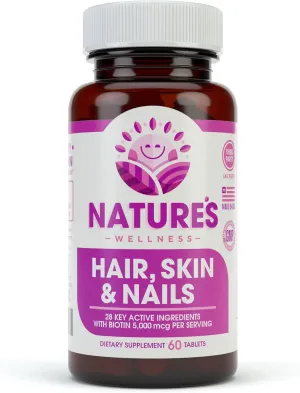 Natures Wellness Hair, Skin & Nails Essential Nourishing Supplement, 60-Count | 4000mcg Biotin   Vitamins A, C and E, B Complex Vitamins, and Advanced Nutrients per Capsule | 100% All-Natural