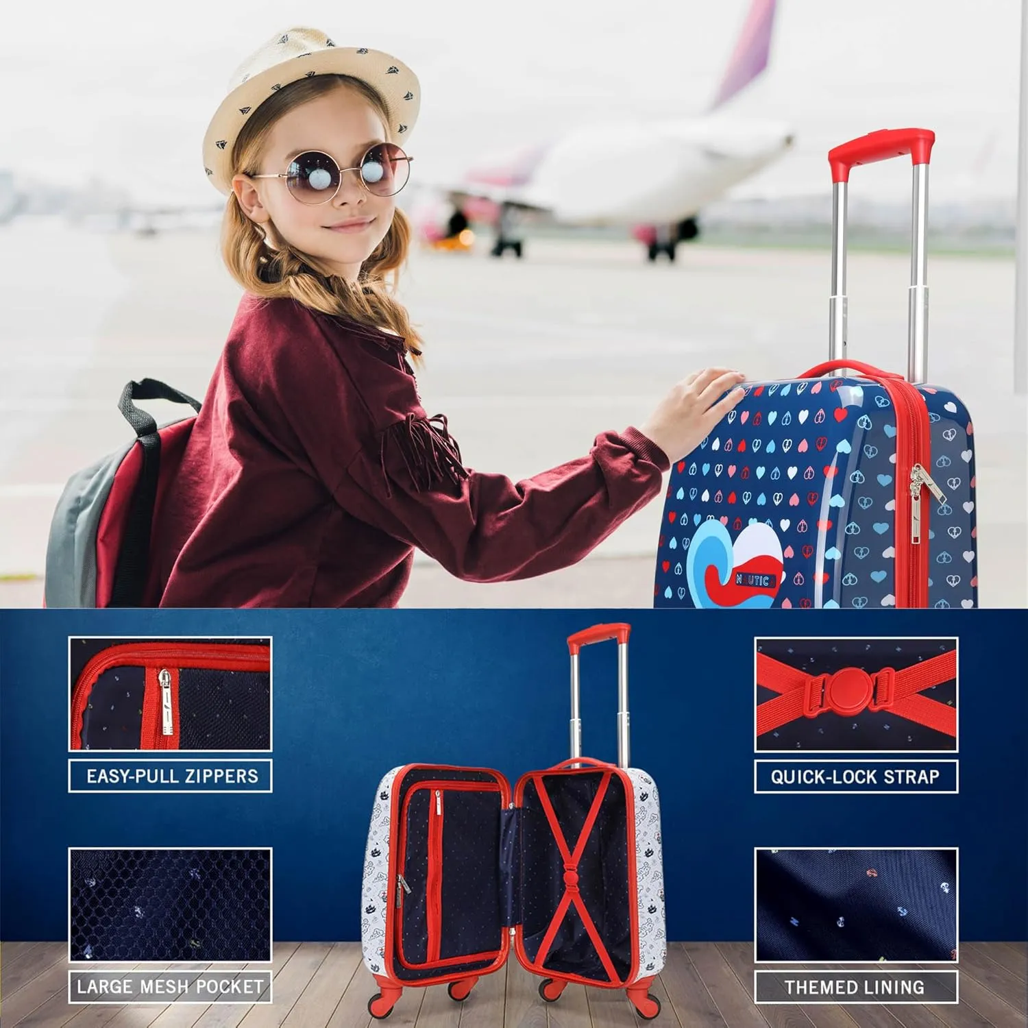 NAUTICA Kids Luggage - 18" Airline Approved Rolling Hardside Upright Carry-on Suitcase Set with Wheels (Shark Attack | 5pc Travel Set)