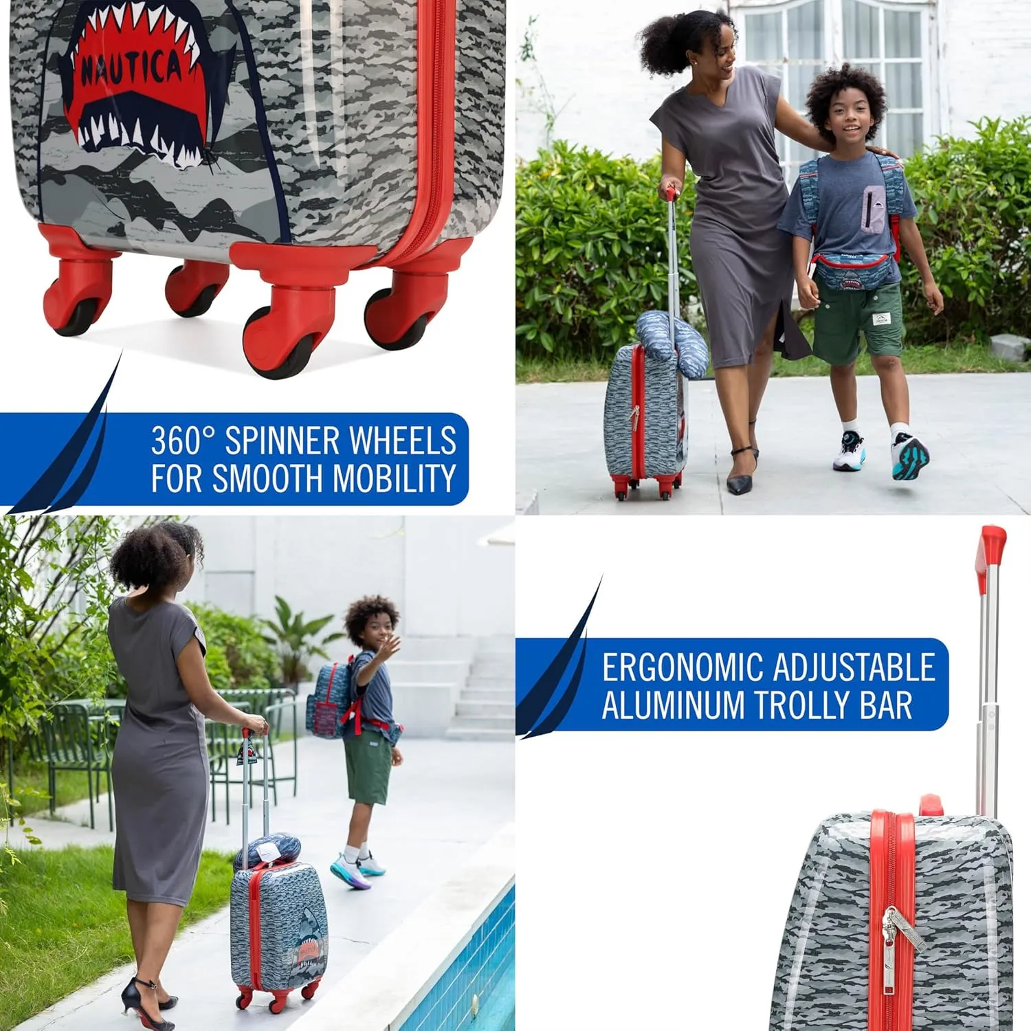 NAUTICA Kids Luggage - 18" Airline Approved Rolling Hardside Upright Carry-on Suitcase Set with Wheels (Shark Attack | 5pc Travel Set)