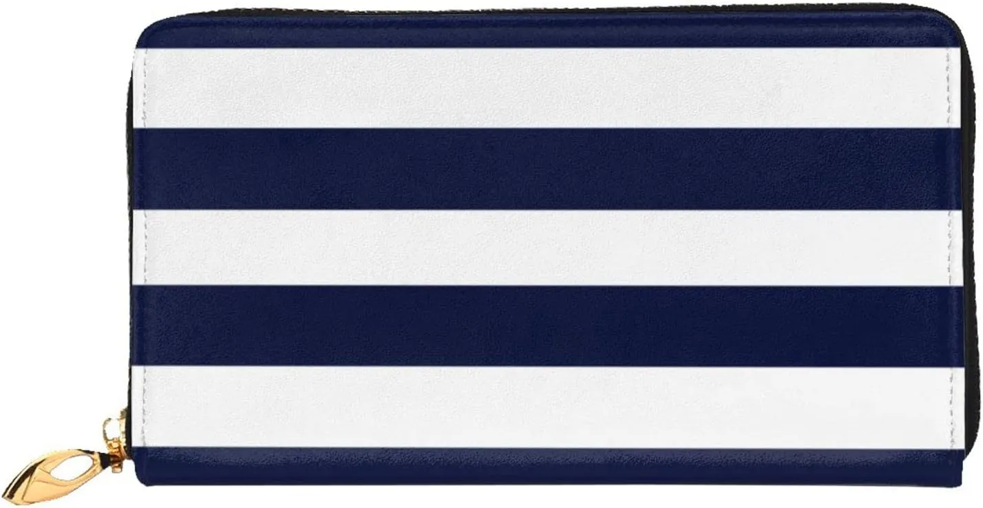 Navy Blue And White Stripe Leather Wallet Long Clutch Purse Fashion Wristlet Handbag For Women And Men