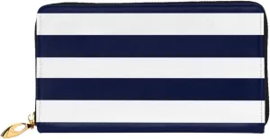 Navy Blue And White Stripe Leather Wallet Long Clutch Purse Fashion Wristlet Handbag For Women And Men