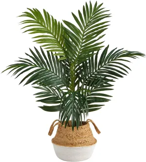Nearly Natural 4ft. Kentia Palm Artificial Tree in Boho Chic Handmade Cotton & Jute White Woven Planter