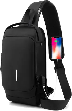 New Carbon Fiber Streamline Anti-Theft Sling Bag, Waterproof USB Charging Sport Sling Anti Theft Shoulder Backpack (Black)