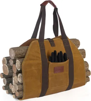 New Waxed Canvas Firewood Carrier - Sturdy Heavy Duty Log Carrier for Firewood Large Capacity Wood Carrier Log Tote Bag Firewood Holder Fireplace Wood Stove Accessories with Pocket & Gloves