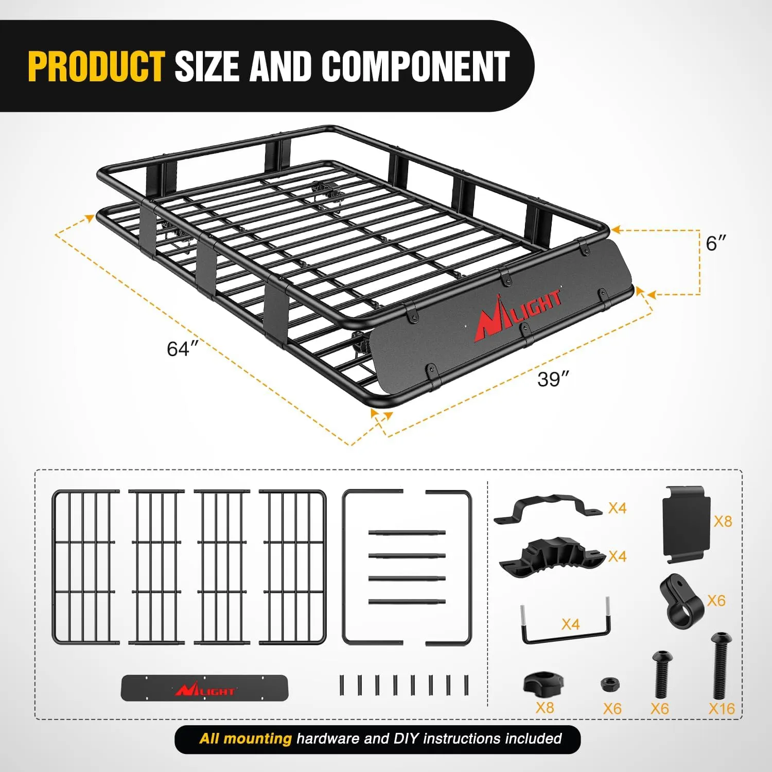 Nilight 64" x 39" x 6" Universal Roof Rack Cargo Basket Heavy-Duty 250LBS Capacity Rooftop Carrier Luggage Holder & Soft Waterproof|Cargo Bag|Net|Ratchet Straps for SUV Truck Vehicle