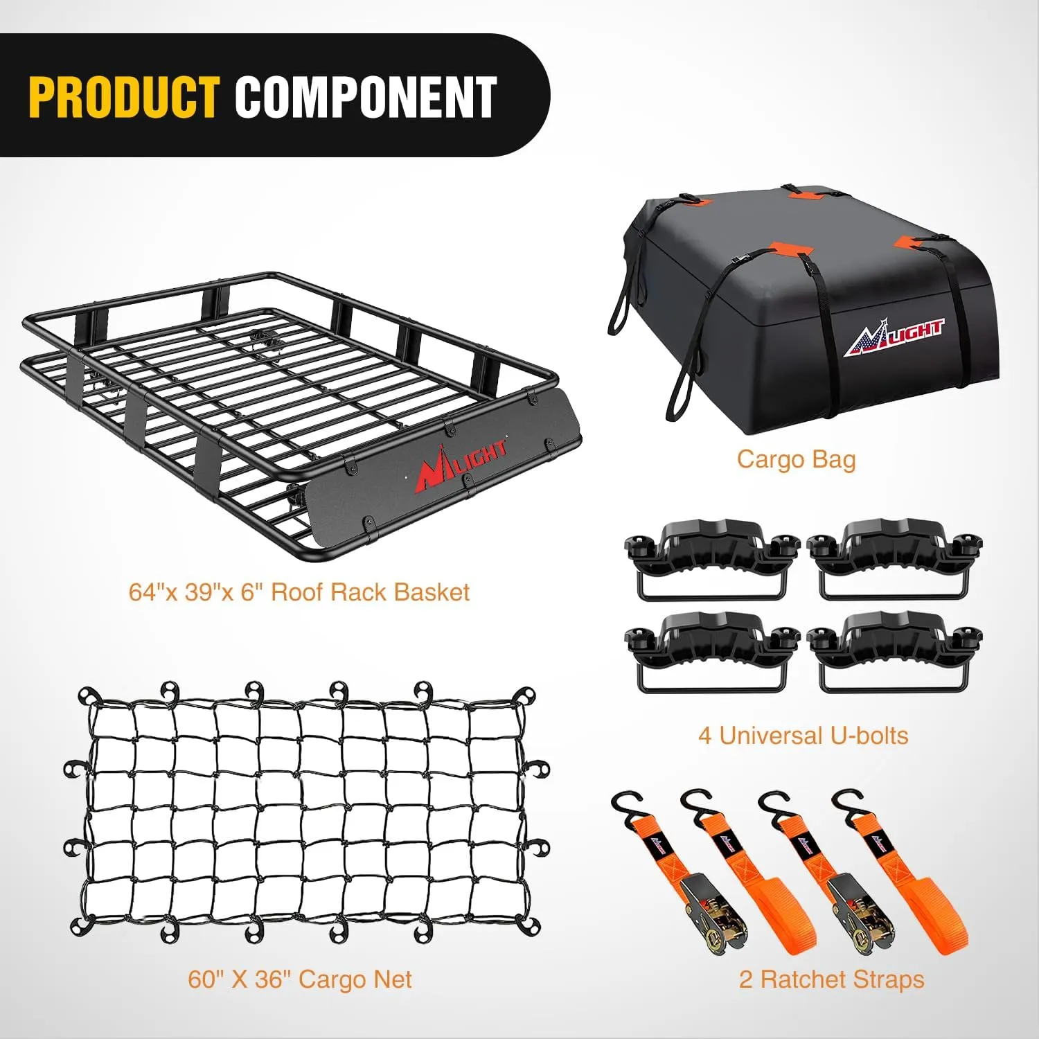 Nilight 64" x 39" x 6" Universal Roof Rack Cargo Basket Heavy-Duty 250LBS Capacity Rooftop Carrier Luggage Holder & Soft Waterproof|Cargo Bag|Net|Ratchet Straps for SUV Truck Vehicle