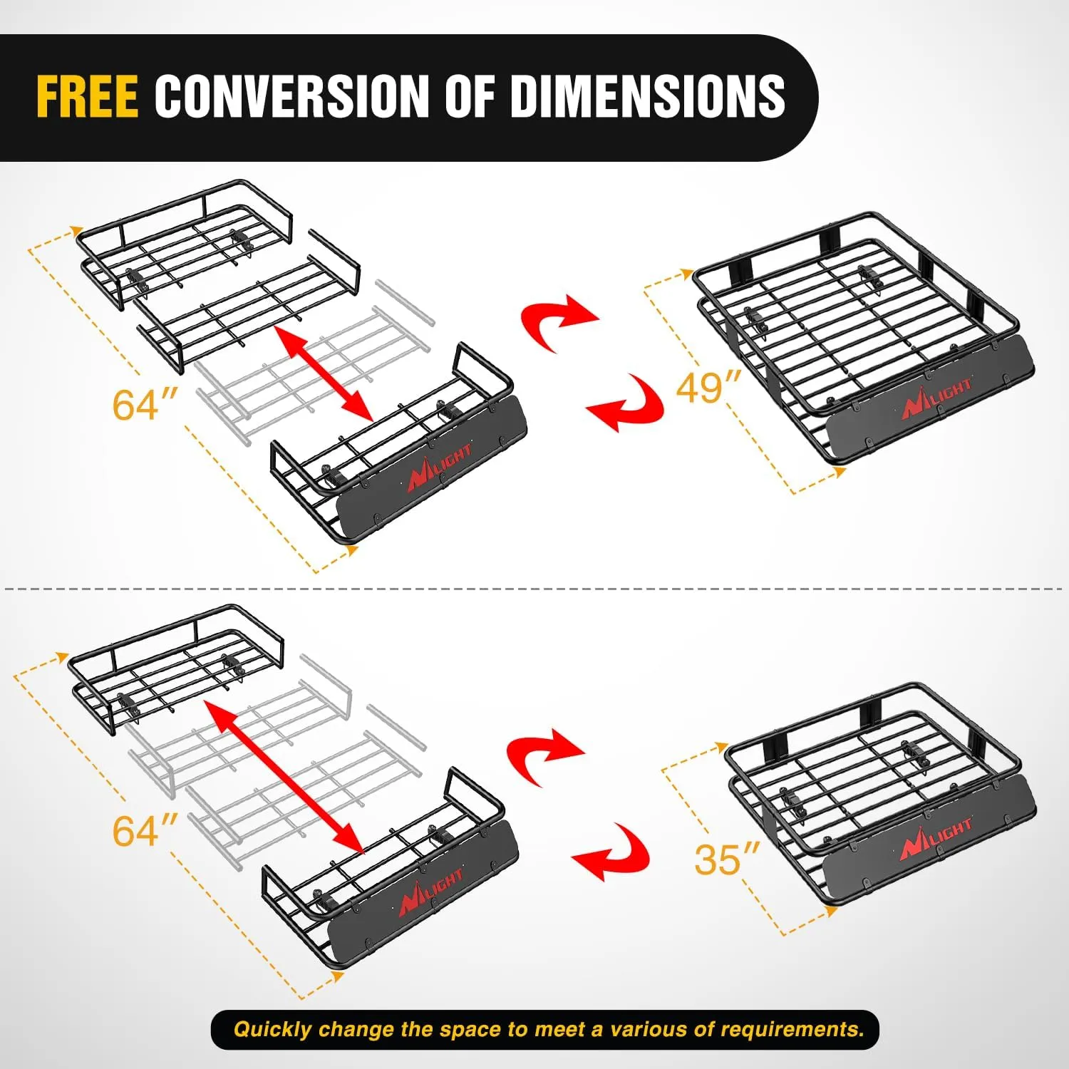 Nilight 64" x 39" x 6" Universal Roof Rack Cargo Basket Heavy-Duty 250LBS Capacity Rooftop Carrier Luggage Holder & Soft Waterproof|Cargo Bag|Net|Ratchet Straps for SUV Truck Vehicle
