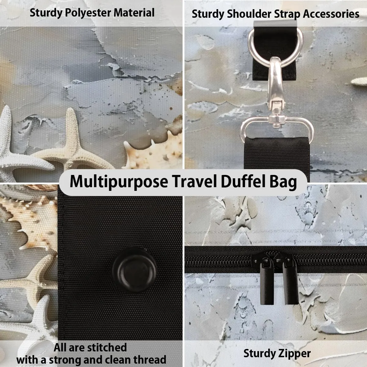 Ocean Beach Travel Duffle Bag for Women Men Gym Duffel Foldable Bag Waterproof Weekender Seashell Starfish Duffle Tote