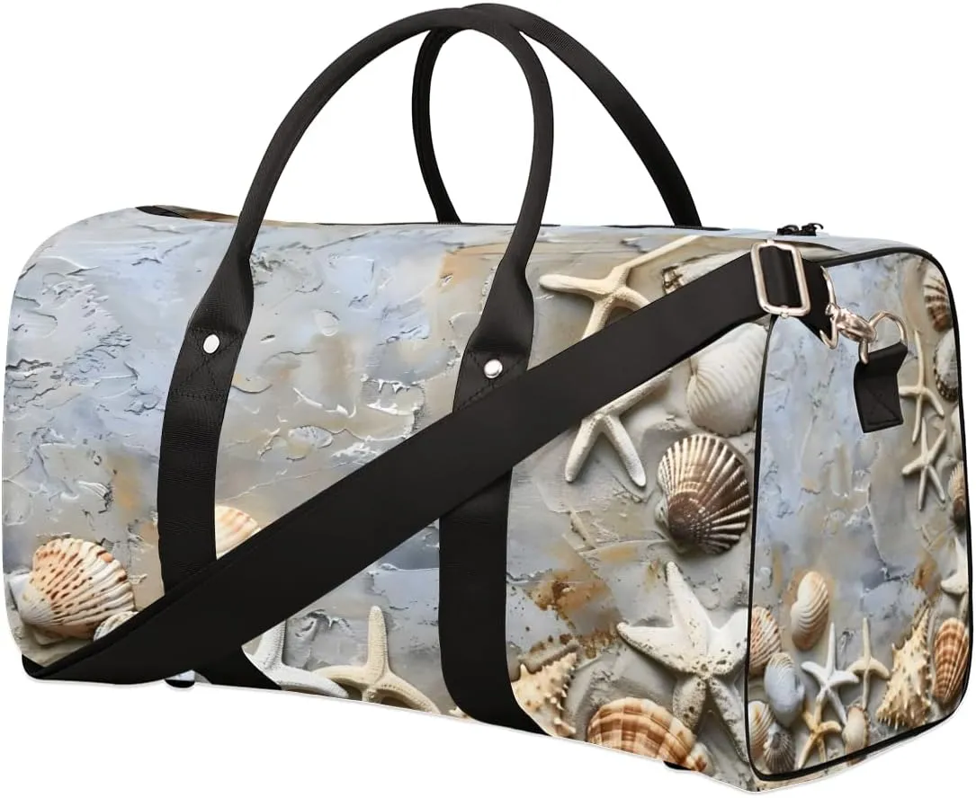 Ocean Beach Travel Duffle Bag for Women Men Gym Duffel Foldable Bag Waterproof Weekender Seashell Starfish Duffle Tote