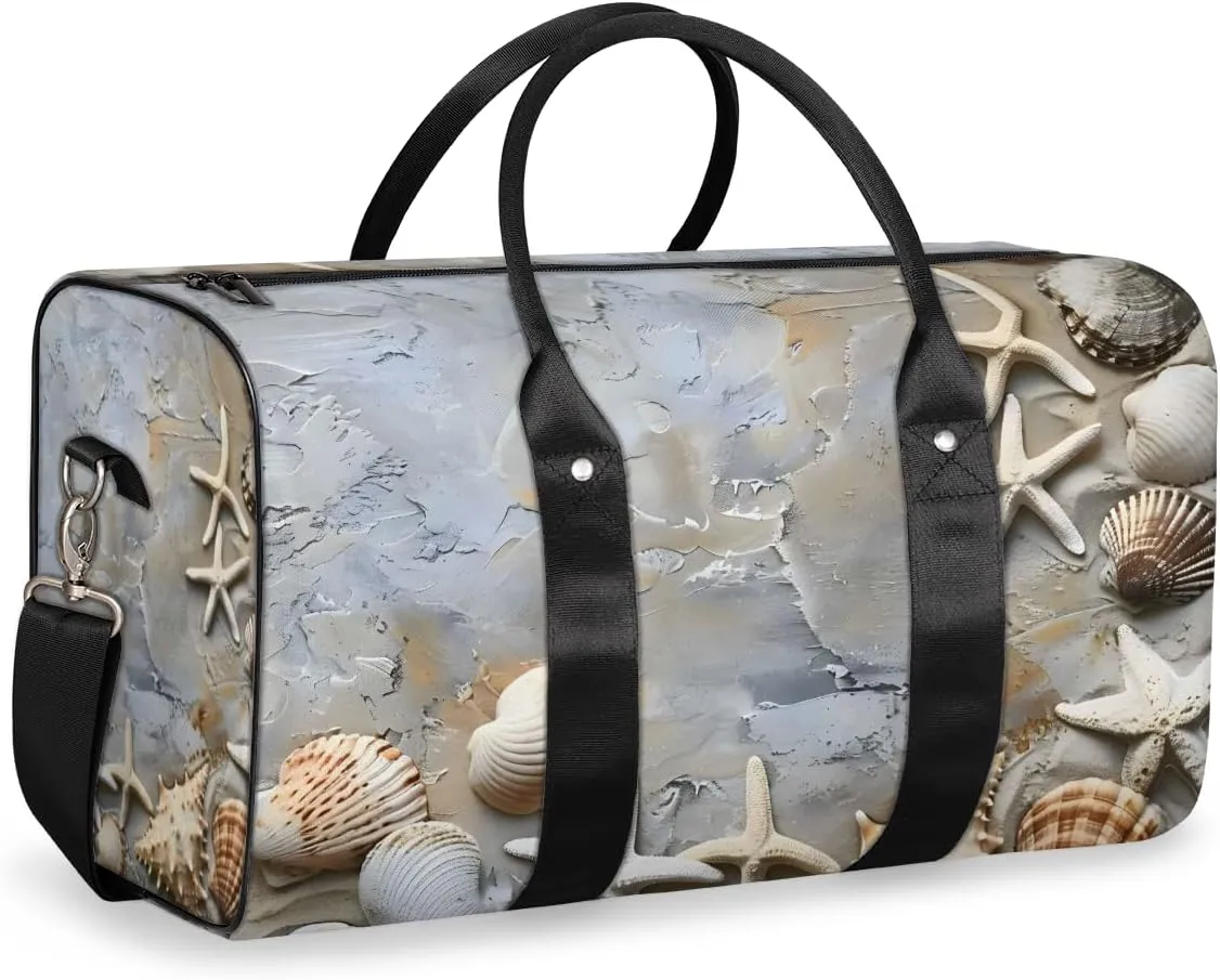 Ocean Beach Travel Duffle Bag for Women Men Gym Duffel Foldable Bag Waterproof Weekender Seashell Starfish Duffle Tote