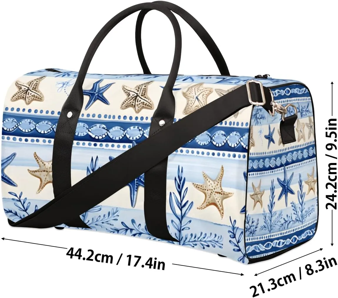 Ocean Starfish Travel Duffle Bag for Women Men Gym Duffel Foldable Bag Waterproof Weekender Blue Retro Duffle Tote