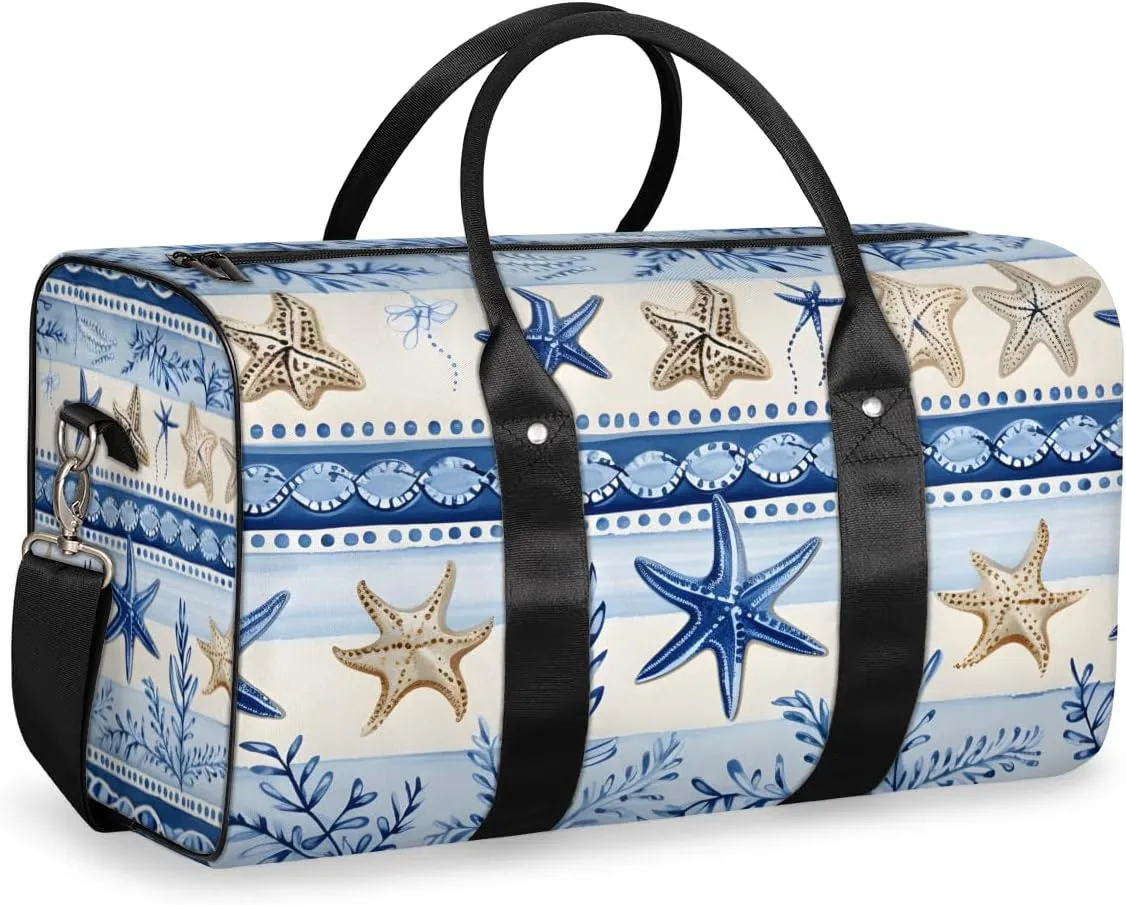 Ocean Starfish Travel Duffle Bag for Women Men Gym Duffel Foldable Bag Waterproof Weekender Blue Retro Duffle Tote