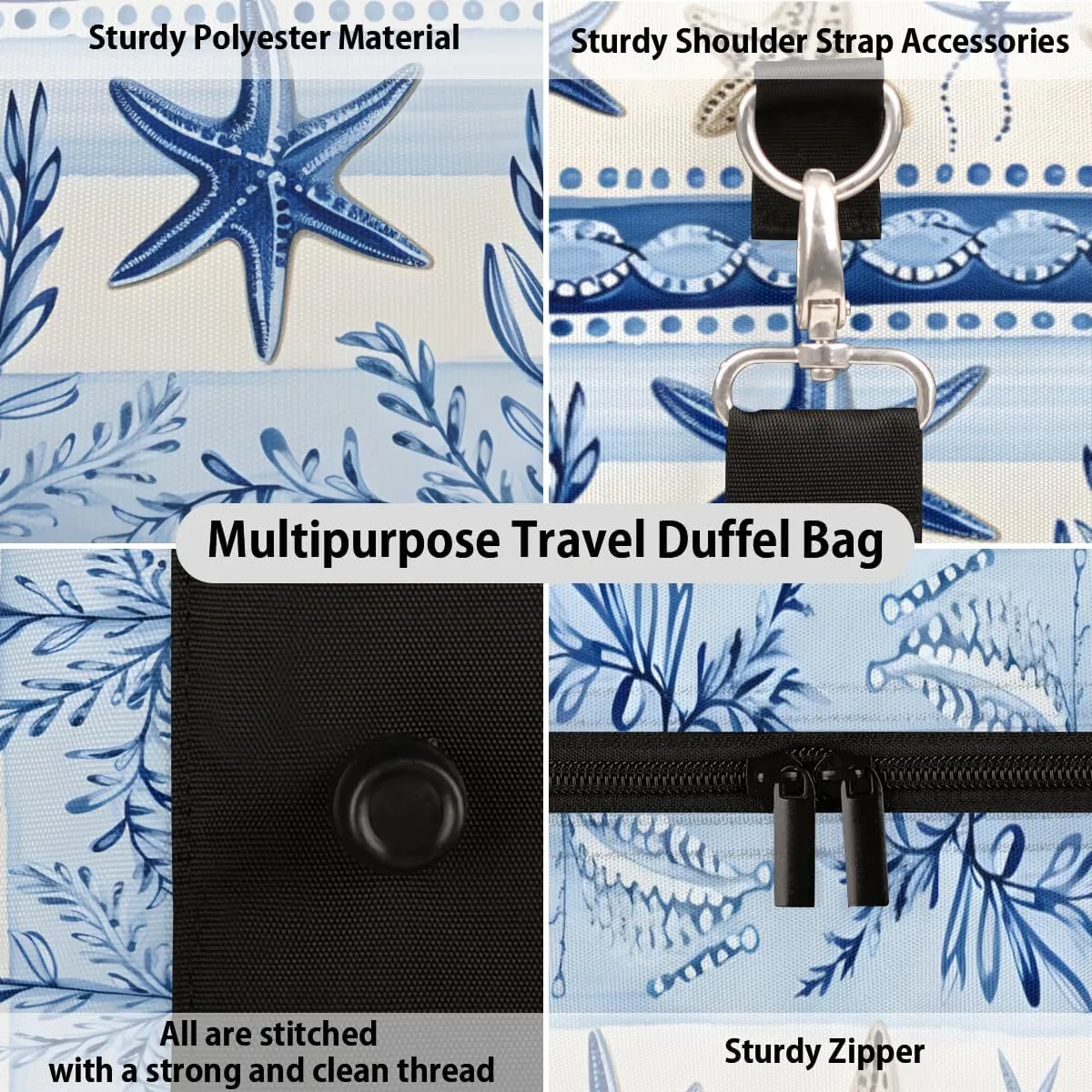 Ocean Starfish Travel Duffle Bag for Women Men Gym Duffel Foldable Bag Waterproof Weekender Blue Retro Duffle Tote