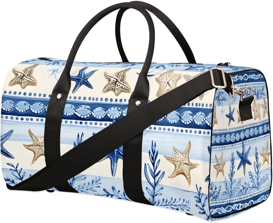 Ocean Starfish Travel Duffle Bag for Women Men Gym Duffel Foldable Bag Waterproof Weekender Blue Retro Duffle Tote