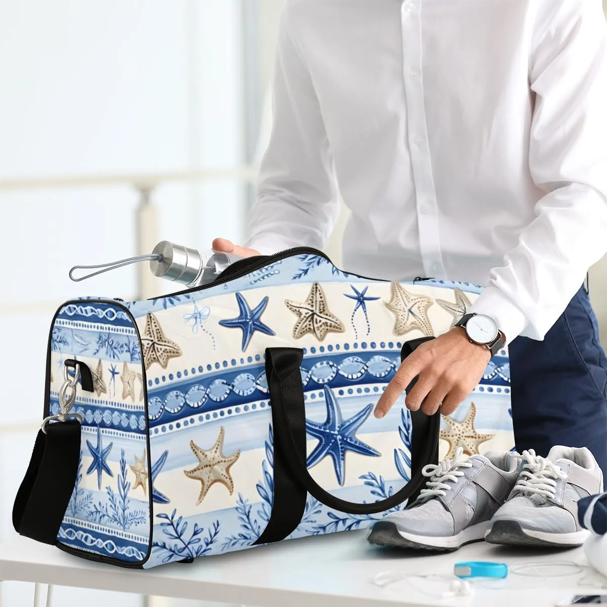 Ocean Starfish Travel Duffle Bag for Women Men Gym Duffel Foldable Bag Waterproof Weekender Blue Retro Duffle Tote