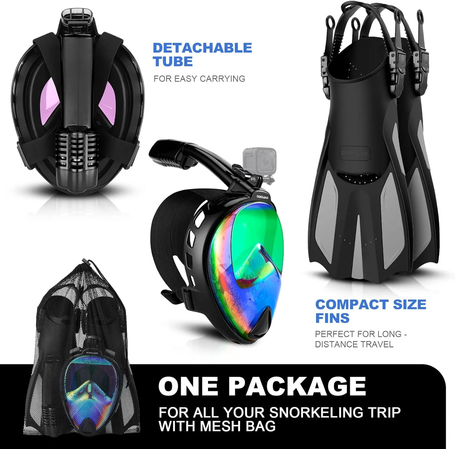 Odoland Snorkeling Packages for Adults & Youth, Full Face Snorkel Mask with Camera Mount, Adjustable Swim Fins, Mesh Bag, Anti-Fog Anti-Leak Scuba Diving Gear for Men & Women
