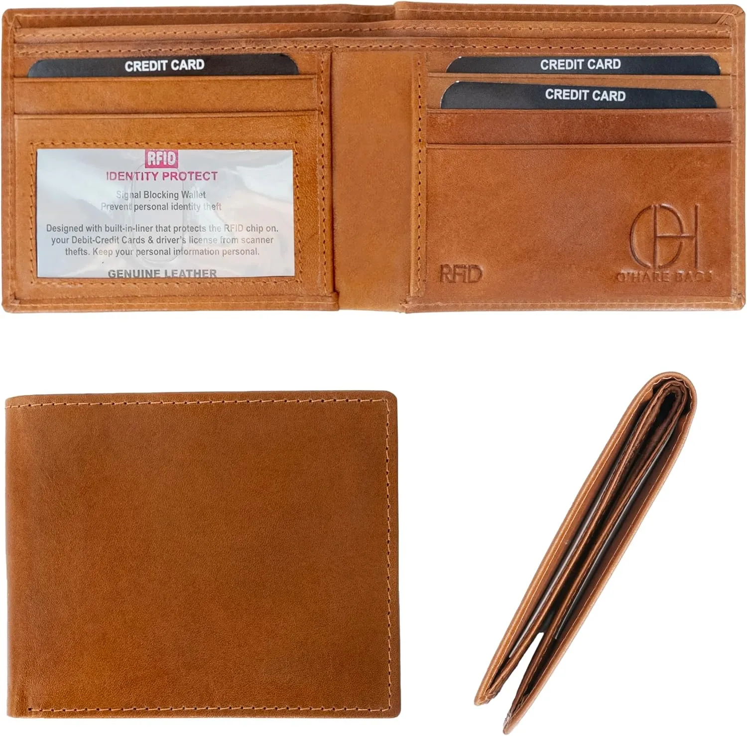 O'Hare Bags Genuine Leather Bifold Wallet for Men - RFID Blocking - Cowhide Leather - Slim, Extra Capacity Wallet - Extra Strong Stitching - Premium Gift Box (Bifold, Tan)
