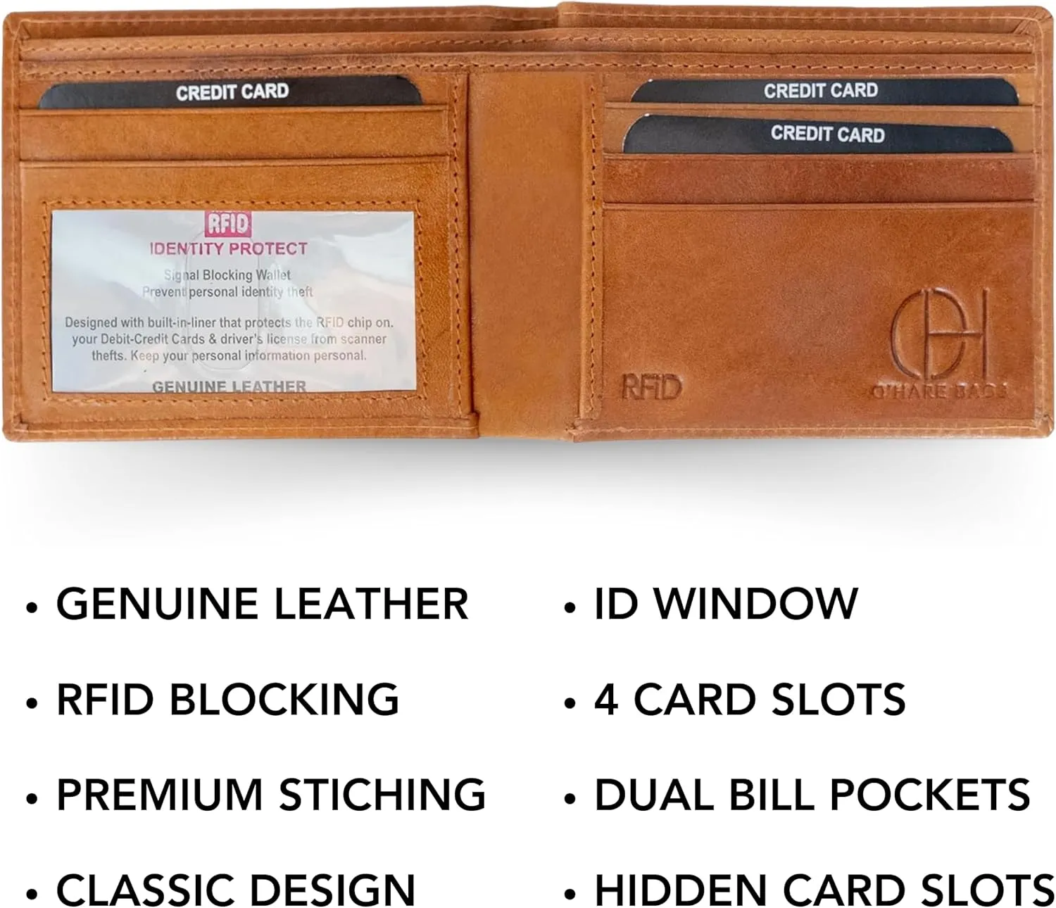 O'Hare Bags Genuine Leather Bifold Wallet for Men - RFID Blocking - Cowhide Leather - Slim, Extra Capacity Wallet - Extra Strong Stitching - Premium Gift Box (Bifold, Tan)