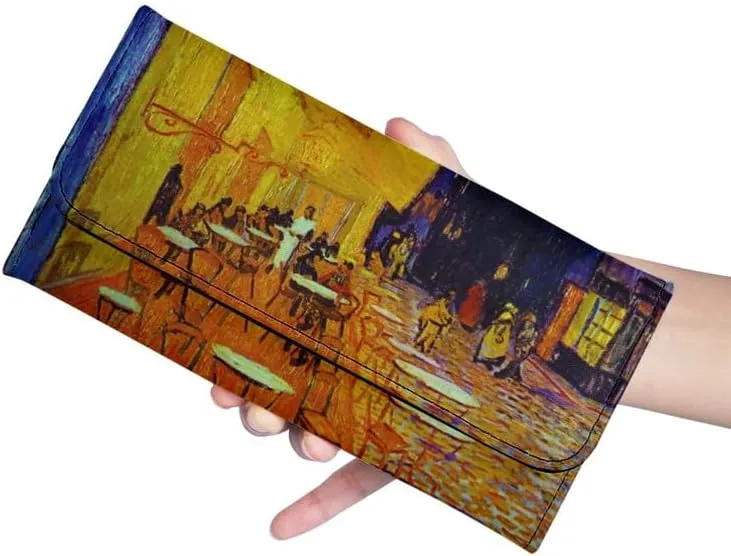 Oil Painting Art Trifold Wallet for Women, Van Gogh Artwork Long Clutch with Multi Card Slot, Cafe Terrace at Night Large Trifold Wallet with ID Window