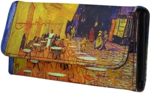 Oil Painting Art Trifold Wallet for Women, Van Gogh Artwork Long Clutch with Multi Card Slot, Cafe Terrace at Night Large Trifold Wallet with ID Window