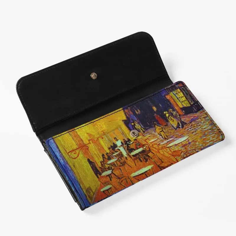Oil Painting Art Trifold Wallet for Women, Van Gogh Artwork Long Clutch with Multi Card Slot, Cafe Terrace at Night Large Trifold Wallet with ID Window