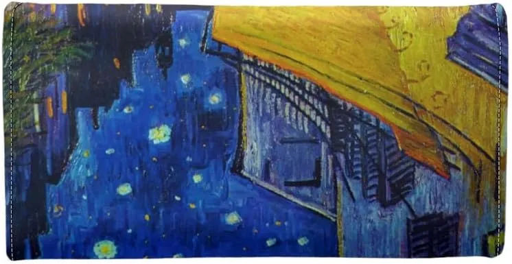 Oil Painting Art Trifold Wallet for Women, Van Gogh Artwork Long Clutch with Multi Card Slot, Cafe Terrace at Night Large Trifold Wallet with ID Window