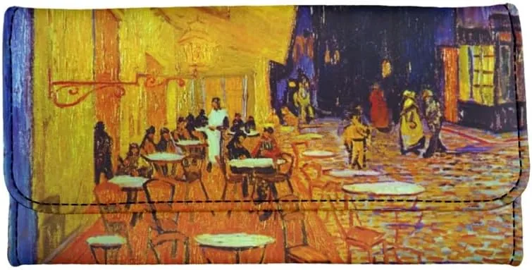 Oil Painting Art Trifold Wallet for Women, Van Gogh Artwork Long Clutch with Multi Card Slot, Cafe Terrace at Night Large Trifold Wallet with ID Window