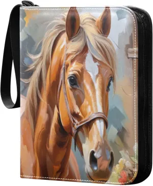 Oil Painting Horse Card Binder 4-Pocket, 400 Pockets PU Waterproof Zippered Collector Card Album with 50 Removable Sleeves for Trading, Game Cards