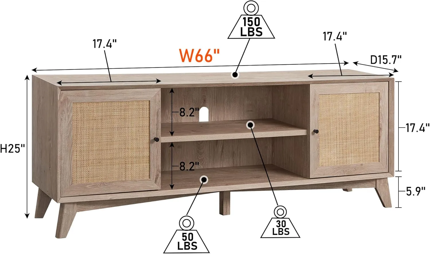 OKD TV Stand for 75  Inch TV, Mid Century Modern Entertainment Center with Natural Rattan Door, Storage Shelves, Large Boho Media TV Console, Long Television Stand for Living Room, Oak