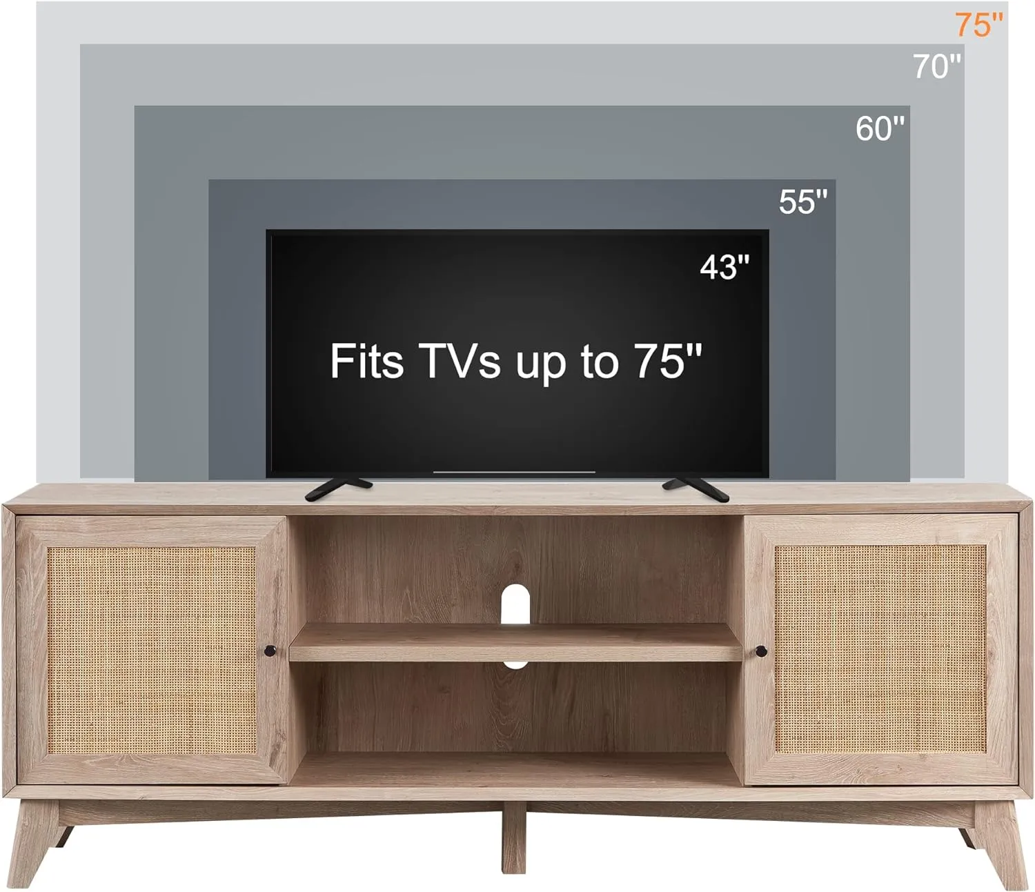 OKD TV Stand for 75  Inch TV, Mid Century Modern Entertainment Center with Natural Rattan Door, Storage Shelves, Large Boho Media TV Console, Long Television Stand for Living Room, Oak