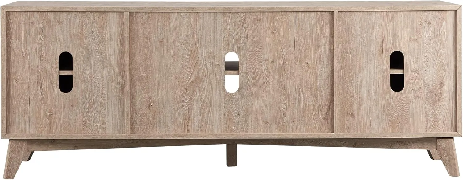 OKD TV Stand for 75  Inch TV, Mid Century Modern Entertainment Center with Natural Rattan Door, Storage Shelves, Large Boho Media TV Console, Long Television Stand for Living Room, Oak