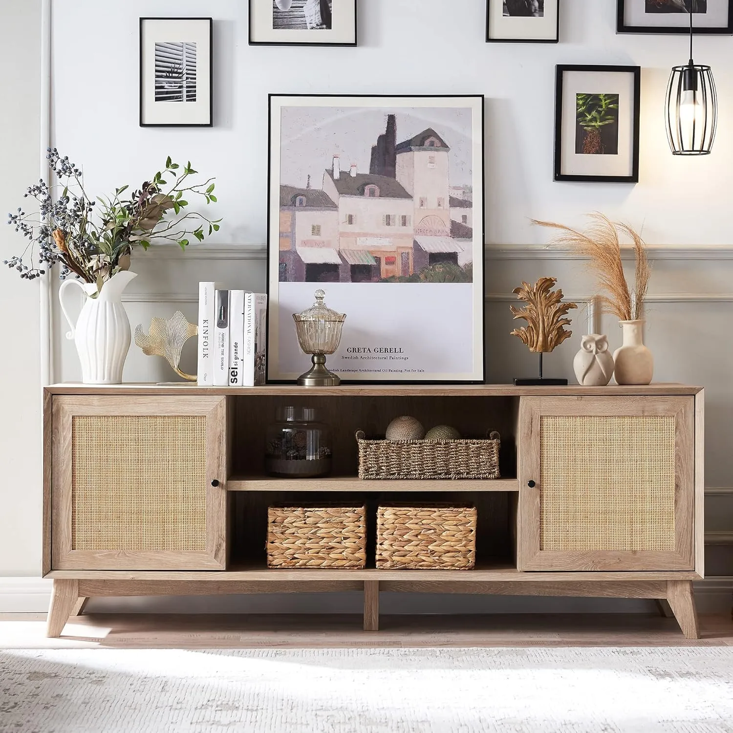 OKD TV Stand for 75  Inch TV, Mid Century Modern Entertainment Center with Natural Rattan Door, Storage Shelves, Large Boho Media TV Console, Long Television Stand for Living Room, Oak