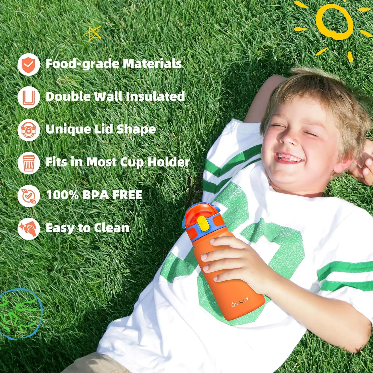 OLDLEY Kids Water Bottle 12oz Insulated Water bottle, Double Wall Stainless Steel Vacuum Bottle, Leak-Proof Sport Bottles for School Boys Girls,Orange