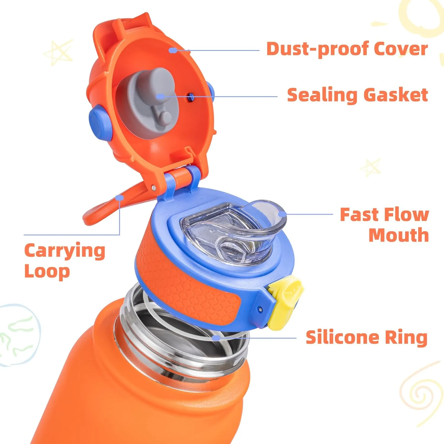 OLDLEY Kids Water Bottle 12oz Insulated Water bottle, Double Wall Stainless Steel Vacuum Bottle, Leak-Proof Sport Bottles for School Boys Girls,Orange