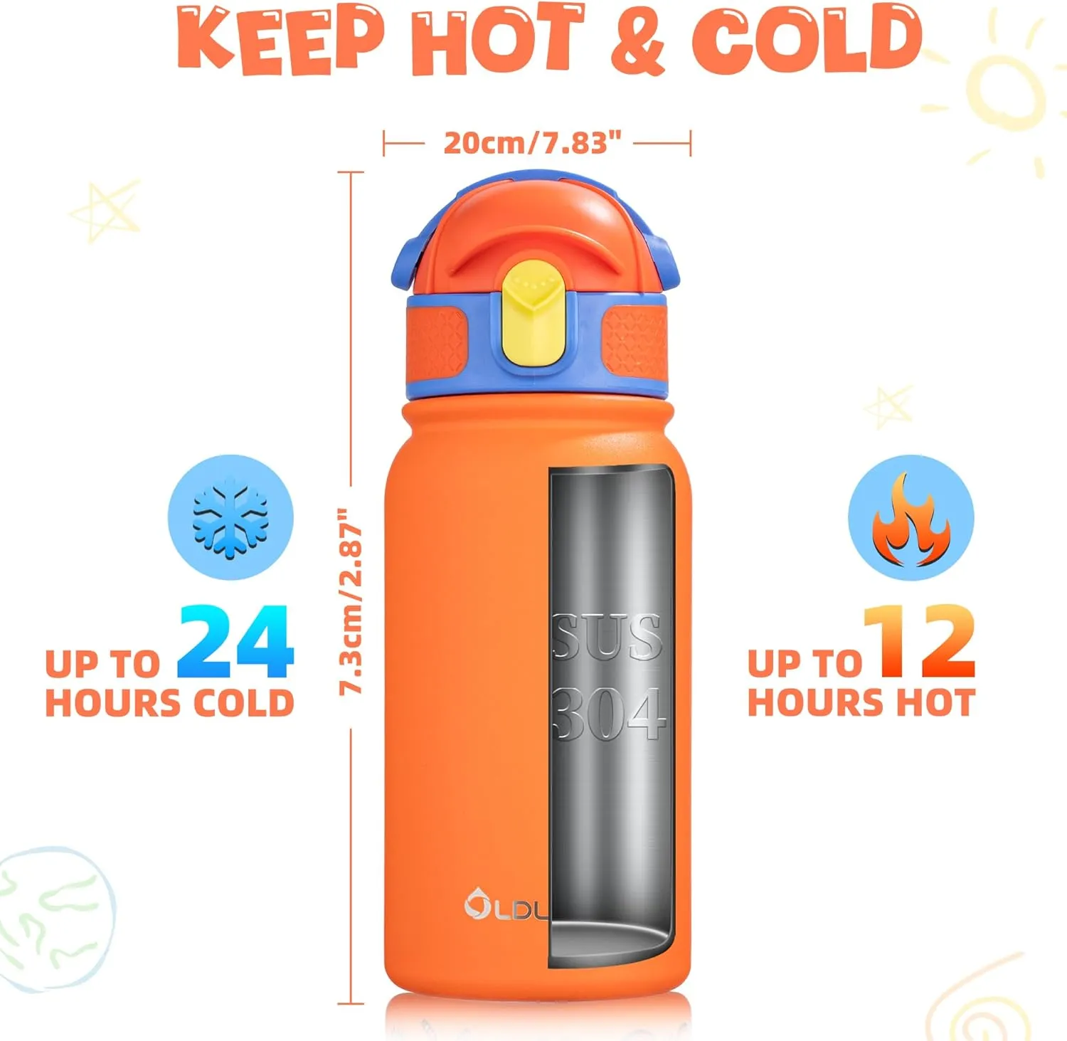 OLDLEY Kids Water Bottle 12oz Insulated Water bottle, Double Wall Stainless Steel Vacuum Bottle, Leak-Proof Sport Bottles for School Boys Girls,Orange