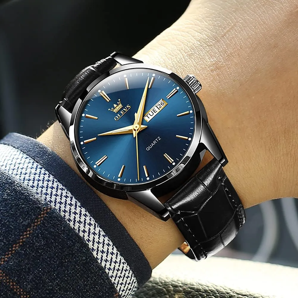OLEVS Watches for Men Brown Leather Gold Case Analog Quartz Fashion Business Dress Watch Day Date Luminous Waterproof Casual Male Wrist Watches