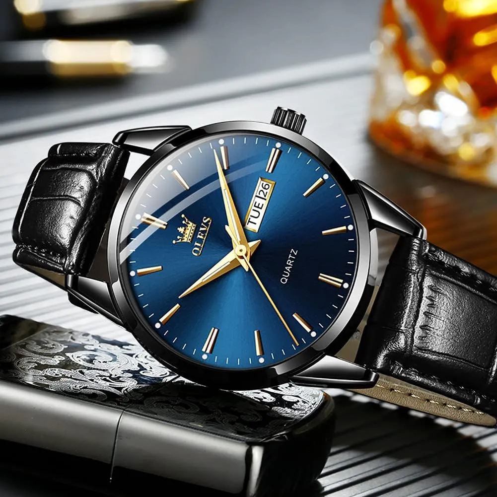 OLEVS Watches for Men Brown Leather Gold Case Analog Quartz Fashion Business Dress Watch Day Date Luminous Waterproof Casual Male Wrist Watches