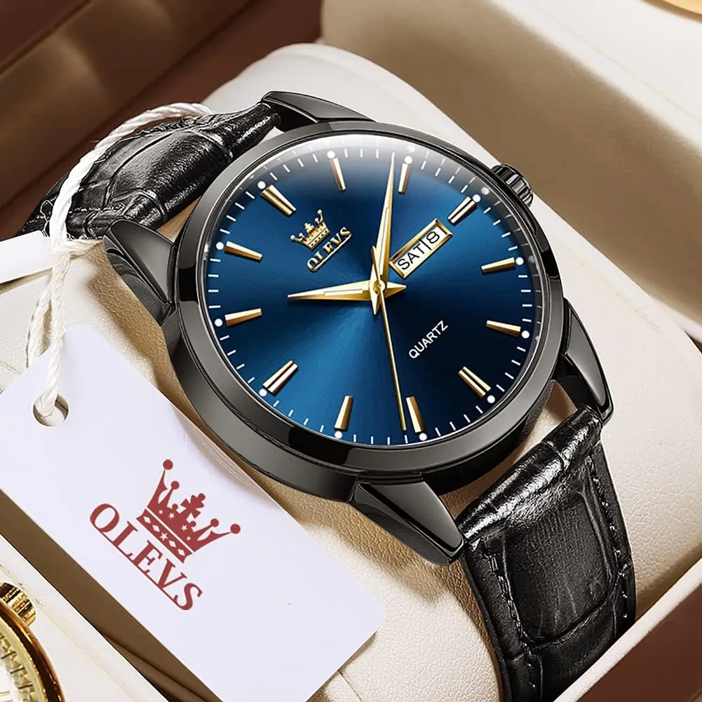 OLEVS Watches for Men Brown Leather Gold Case Analog Quartz Fashion Business Dress Watch Day Date Luminous Waterproof Casual Male Wrist Watches